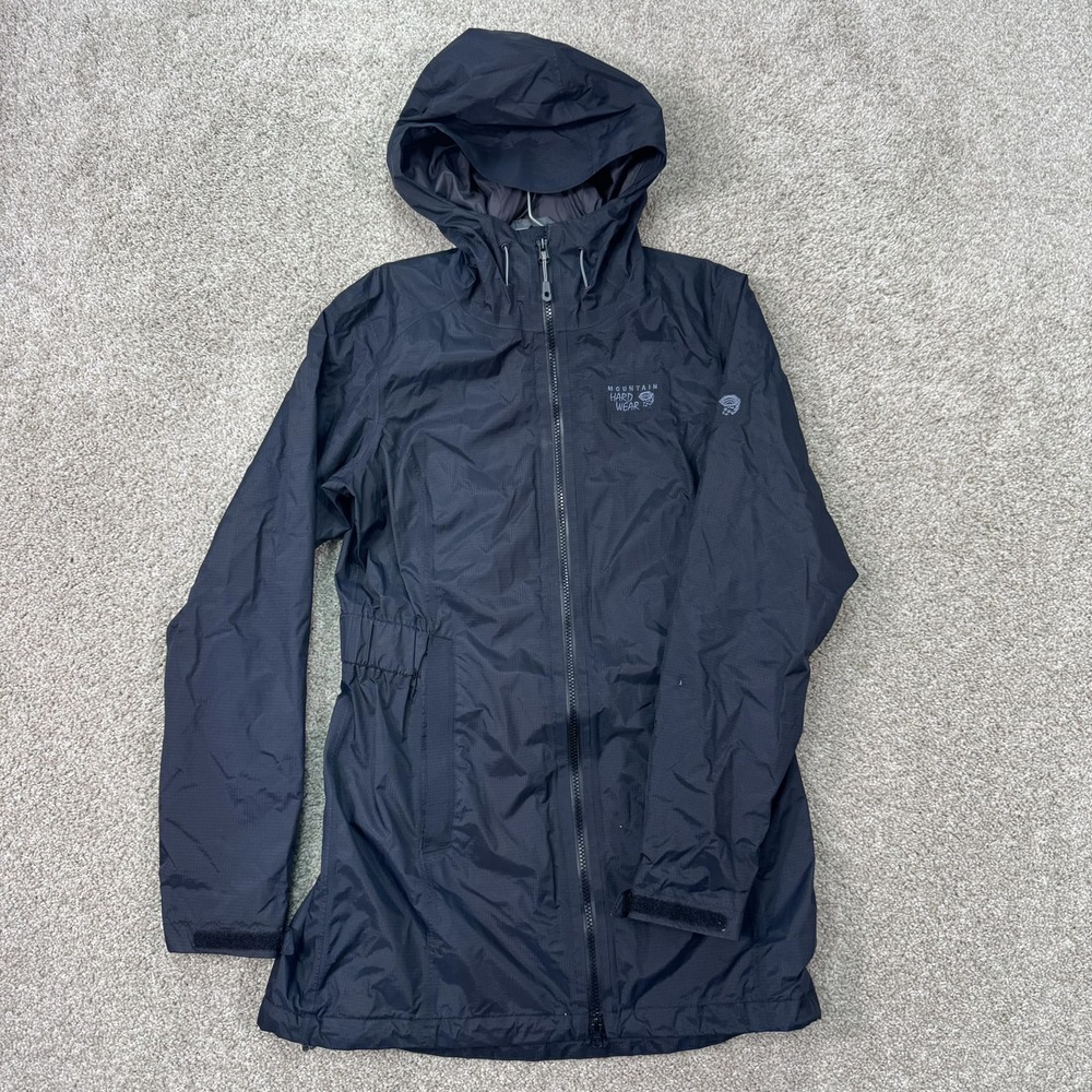 Mountain Hardwear Rain Jacket Womens Small Black Hooded Long Full Zip Ripstop